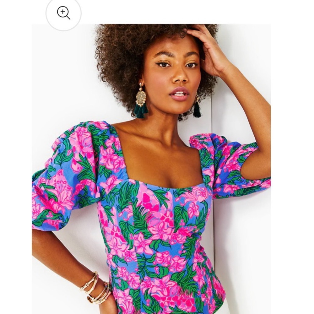 Lilly Pulitzer Bitsy Stretch Pink & Blue Floral Square-Neck Puff Sleeve Top